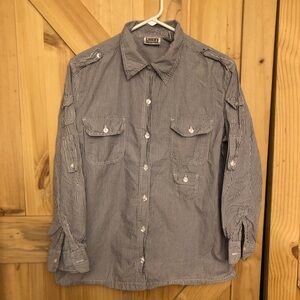 Chicos Design Womens Striped Button-Up Shirt With Roll Tab Sleeves Size 2